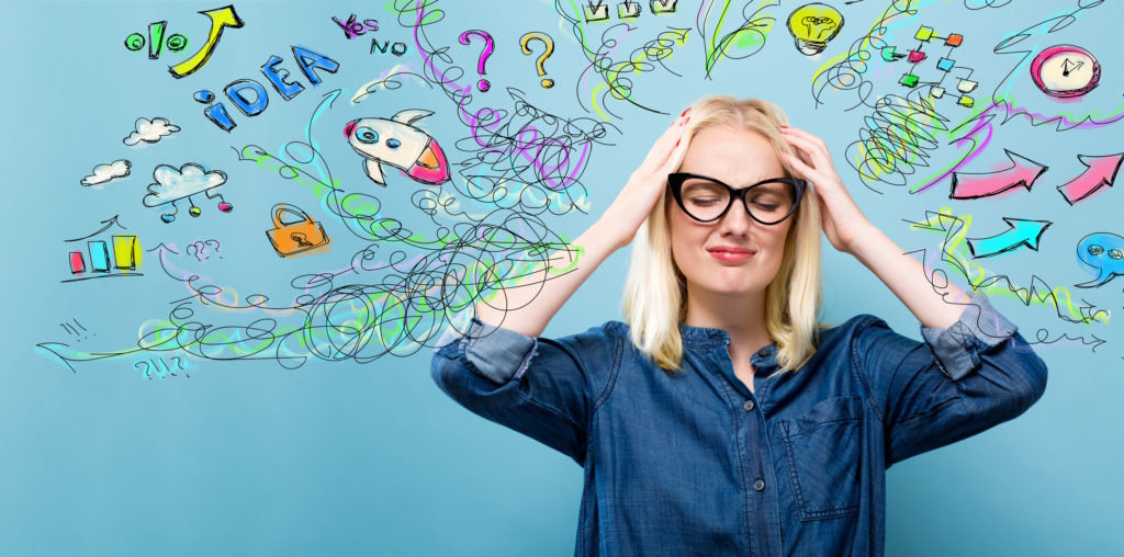 young woman with many thoughts on a blue background